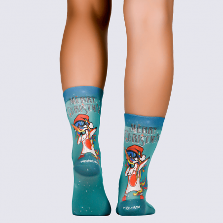 Chaussettes Wigglesteps, chaussettes motif Licorne de Noël femme en coton bio bleu