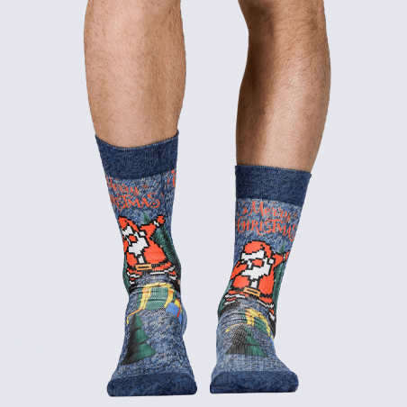 Chaussettes Wigglesteps, chaussettes à motif Père Noël danseur homme en coton bio bleu