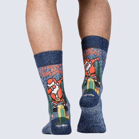 Chaussettes Wigglesteps, chaussettes à motif Père Noël danseur homme en coton bio bleu