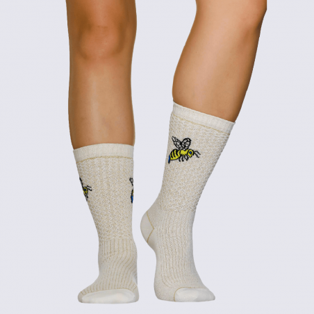 Chaussettes Wigglesteps, chaussettes à paillettes motif abeilles pour femme en coton beige