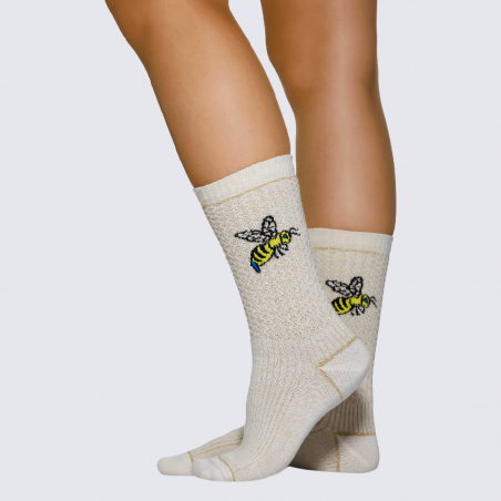 Chaussettes Wigglesteps, chaussettes à paillettes motif abeilles pour femme en coton beige