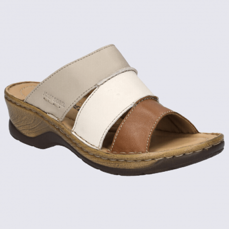 Mules Josef Seibel, mules à bouts ouverts femme en cuir cognac/beige