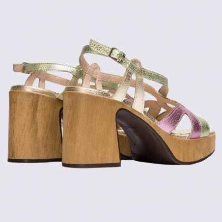Sandales Wonders, sandales à talons colorées femme en cuir vert/rose/patine