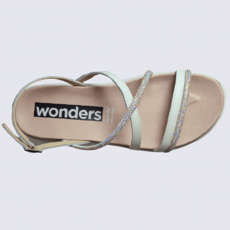 Sandales Wonders, sandales plates brillantes femme en cuir creme/paillettes