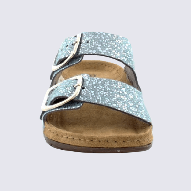 Mules Rohde, Mules à deux brides métallisées femme en cuir bleu