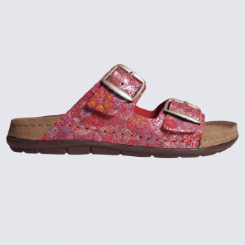 Mules Rohde, mules à deux brides fleuris femme en cuir rouge cerise