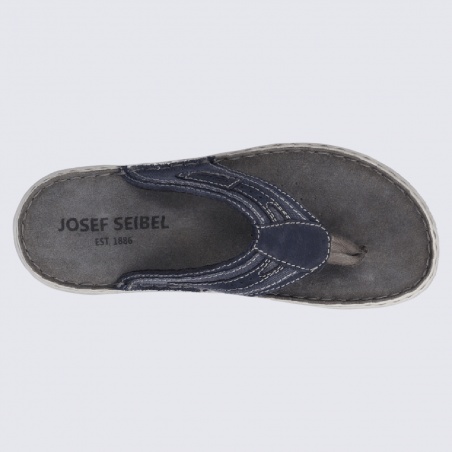 Tongs Josef Seibel, nu-pieds confortables homme en cuir et tissu bleu jeans