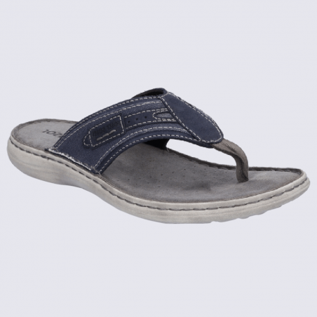 Tongs Josef Seibel, nu-pieds confortables homme en cuir et tissu bleu jeans