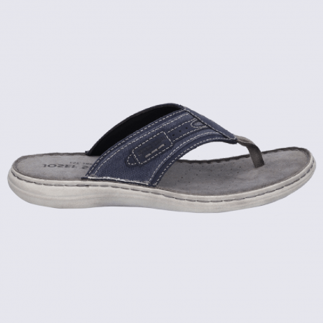 Tongs Josef Seibel, nu-pieds confortables homme en cuir et tissu bleu jeans