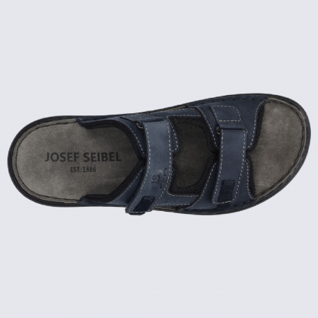 Sandales Josef Seibel, nu-pieds confortables homme en cuir et tissu bleu jeans