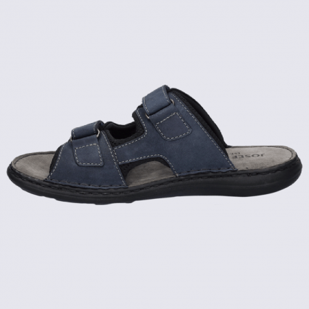 Sandales Josef Seibel, nu-pieds confortables homme en cuir et tissu bleu jeans