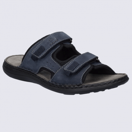 Sandales Josef Seibel, nu-pieds confortables homme en cuir et tissu bleu jeans