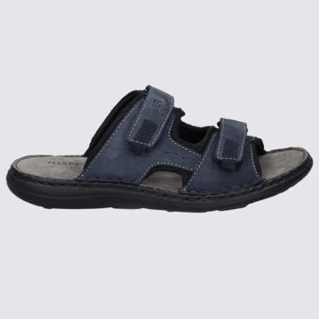 Sandales Josef Seibel, nu-pieds confortables homme en cuir et tissu bleu jeans