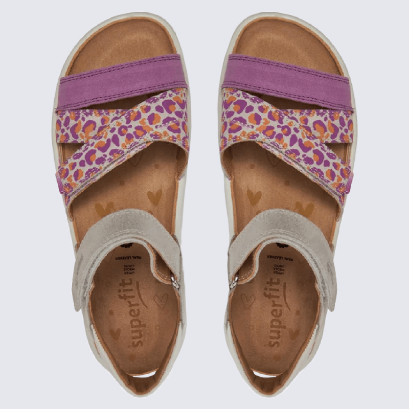Sandales Superfit, sandales motif léopard filles en cuir nubuck gris et violet
