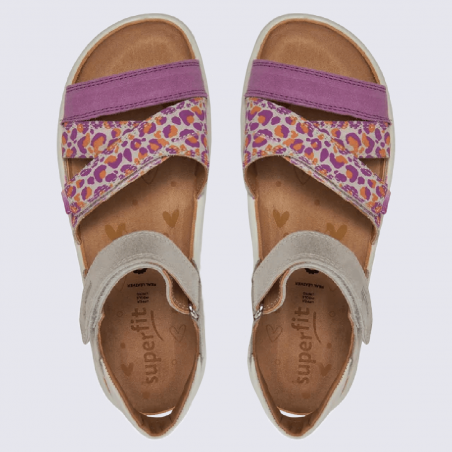 Sandales Superfit, sandales motif léopard filles en cuir nubuck gris et violet
