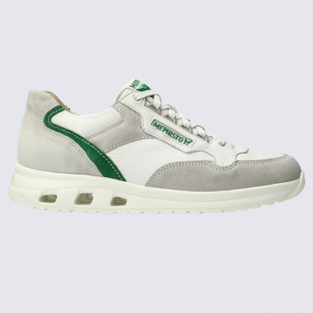 Baskets Mephisto, sneakers tendances homme en cuir lisse blanc et vert