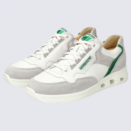 Baskets Mephisto, sneakers tendances homme en cuir lisse blanc et vert