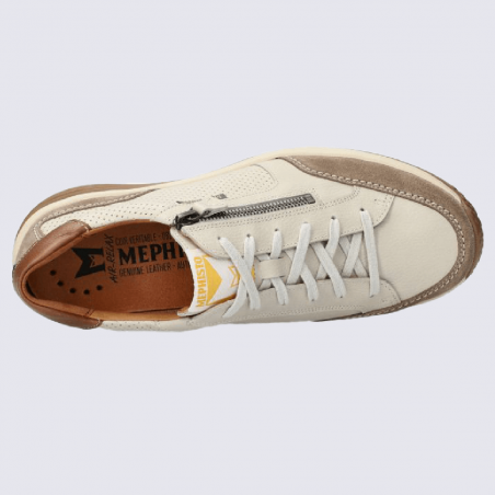 Baskets Mephisto, sneakers élégantes homme en cuir lisse creme/brun