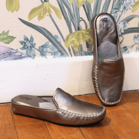 Mules Heller, mules mocassins d'interieur femme en cuir verni métallisé