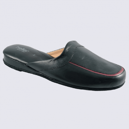 Mules Heller, mules d'interieur Dino homme en cuir noir et rouge