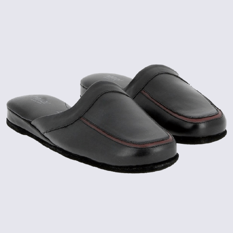 Mules Heller, mules d'interieur Dino homme en cuir noir et rouge