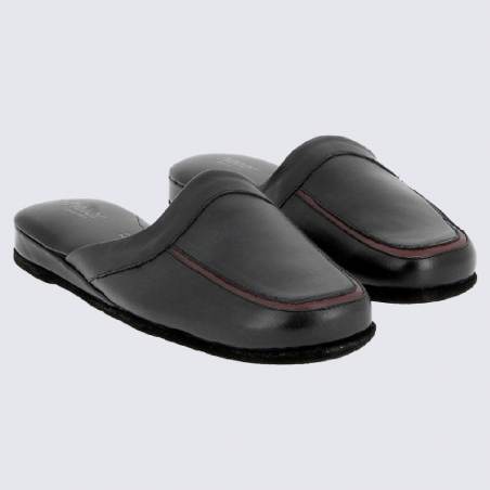 Mules Heller, mules d'interieur Dino homme en cuir noir et rouge