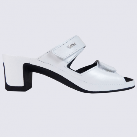 Mules Vital, mules ouvertes à talons conforts femme en cuir blanc brillant