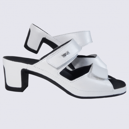 Mules Vital, mules ouvertes à talons conforts femme en cuir blanc brillant