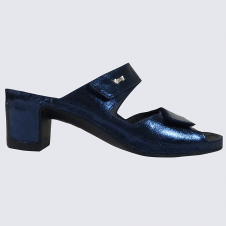 Mules Vital, mules ouvertes à talons confortables métallisées femme en cuir bleu océan