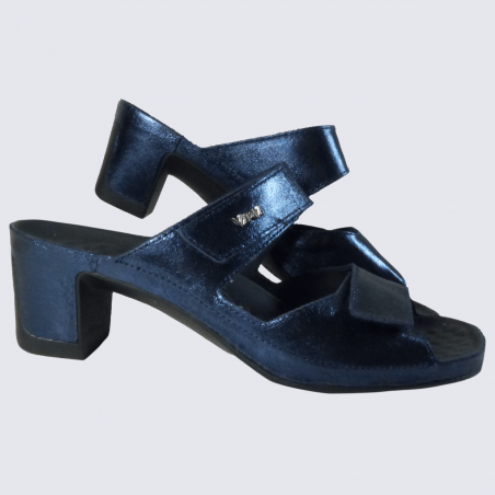 Mules Vital, mules ouvertes à talons confortables métallisées femme en cuir bleu océan