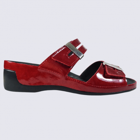 Mules Vital, mules ouvertes compensées à velcro femme en cuir rouge cerise