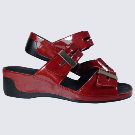 Mules Vital, mules ouvertes compensées à velcro femme en cuir rouge cerise