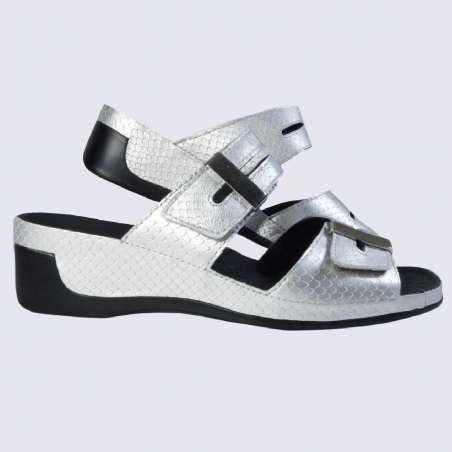 Mules Vital, mules ouvertes compensées à velcro écailles métallisées femme en cuir argent