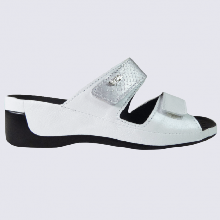 Mules Vital, mules confortables écailles métallisées femme en cuir blanc et argent