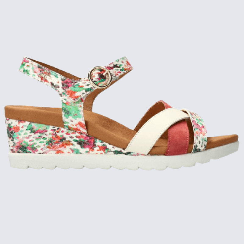 Sandales Mephisto, sandales à talons compensés femme en cuir multicolore rouge