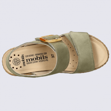 Sandales Mobils, sandales à talons compensés femme en cuir kaki clair