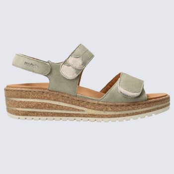 Sandales Mobils, sandales à talons compensés à velcro femme en cuir kaki clair