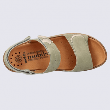 Sandales Mobils, sandales à talons compensés à velcro femme en cuir kaki clair