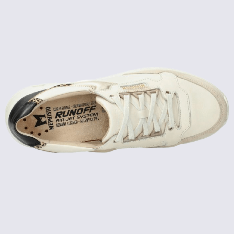Baskets Mephisto, baskets motif léopard femme en cuir blanc/beige