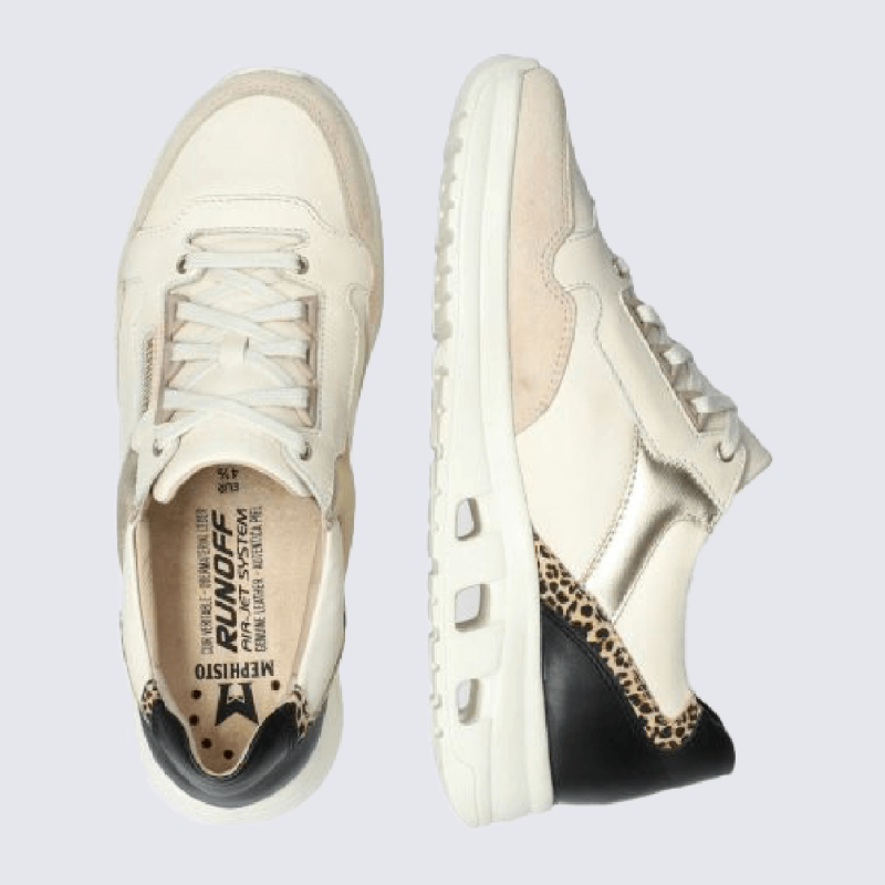 Baskets Mephisto, baskets motif léopard femme en cuir blanc/beige