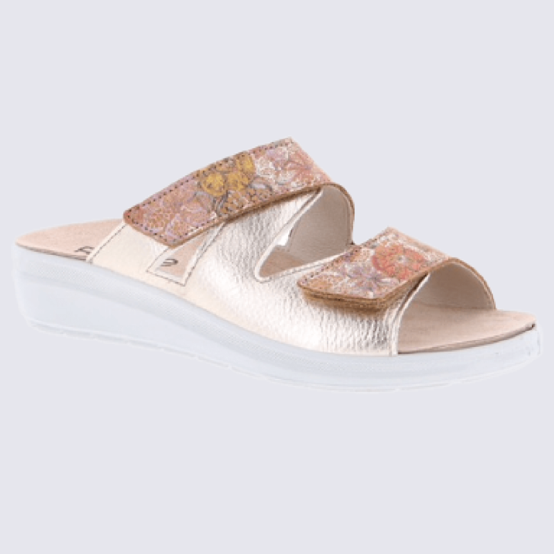 Mules Rohde, mules confortables à talons compensés femme en cuir doré