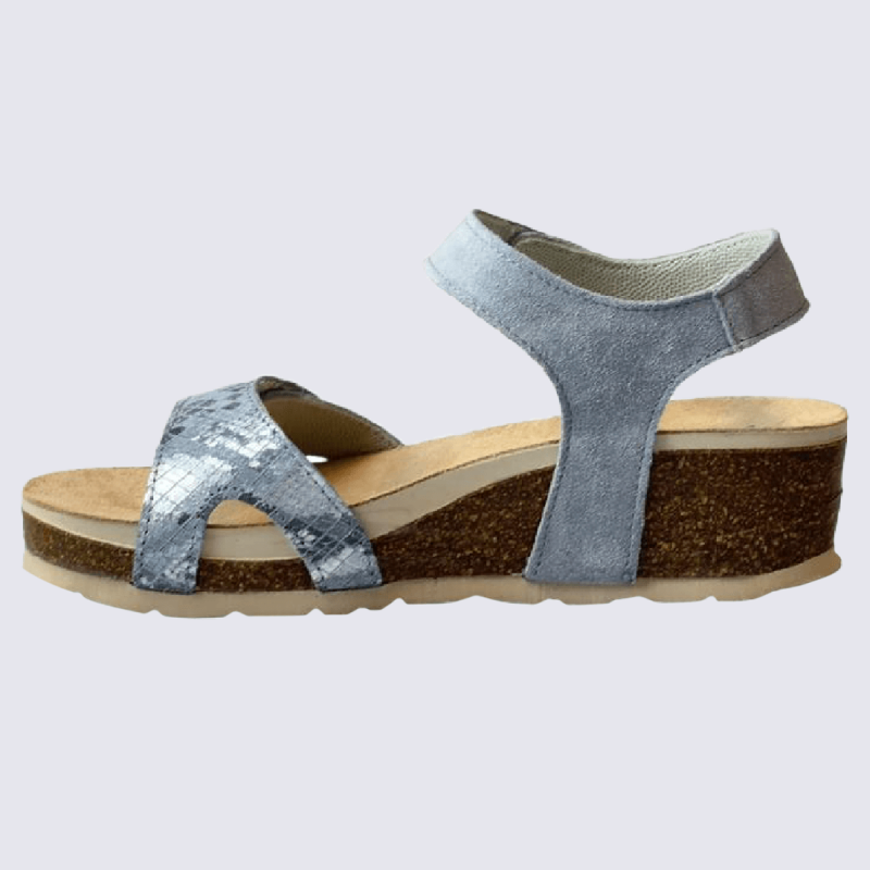 Sandales Rohde, sandales confortables à talons compensés femme en cuir et textile bleu basalt