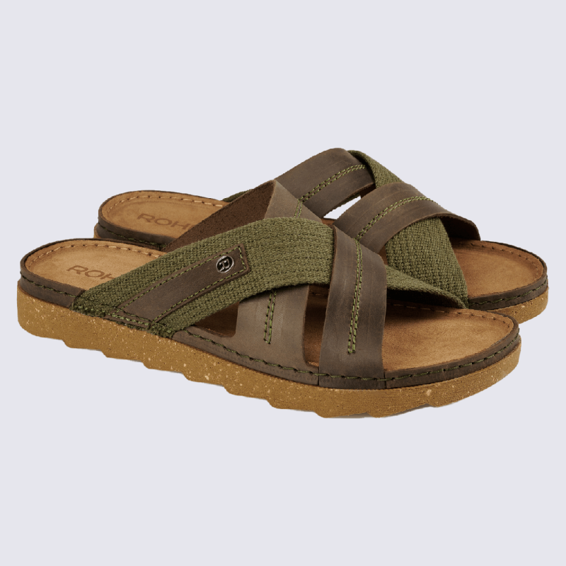 Mules Rohde, mules d'été homme en cuir et textile marron moka