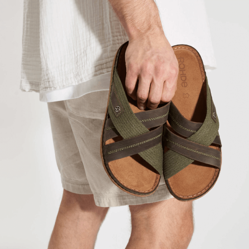 Mules Rohde, mules d'été homme en cuir et textile marron moka