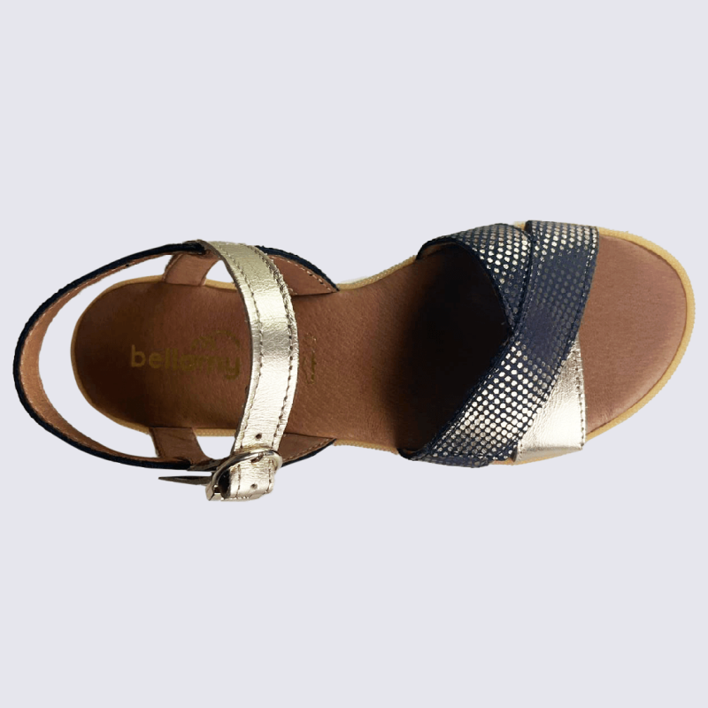 Sandales Bellamy, sandales à pois dorés pour filles en cuir marine brillant or