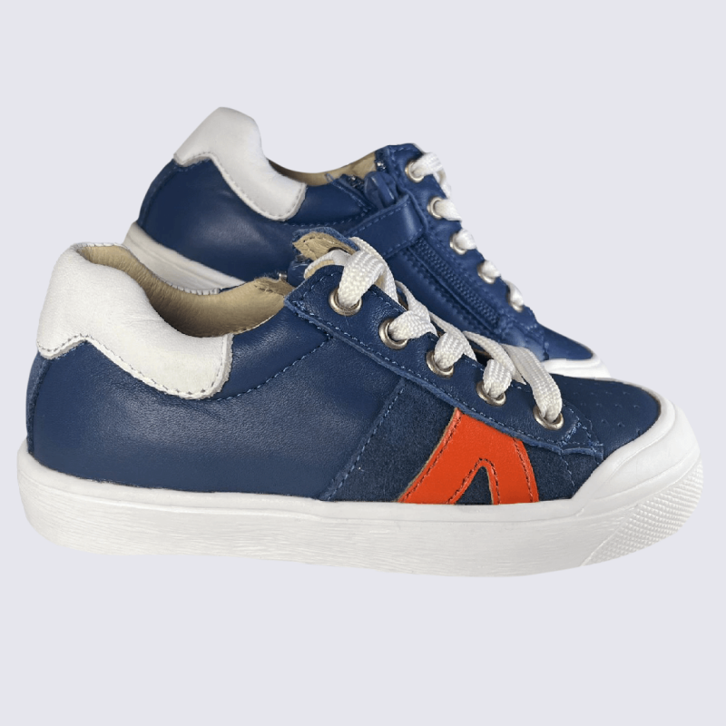 Baskets Bellamy, baskets bi-textures pour garçons en cuir bleu marine et orange