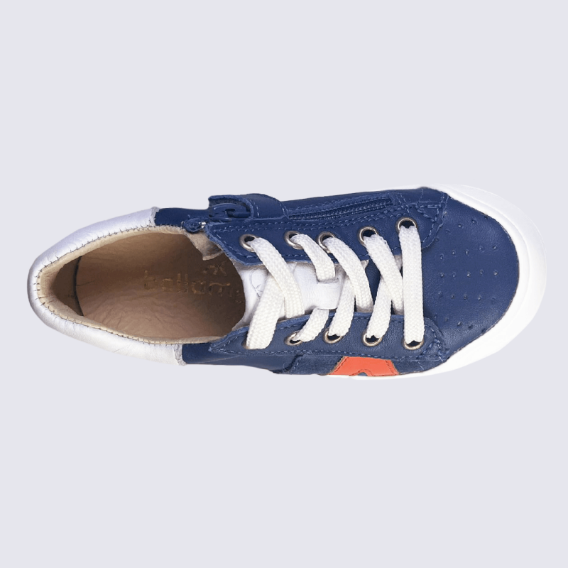 Baskets Bellamy, baskets bi-textures pour garçons en cuir bleu marine et orange