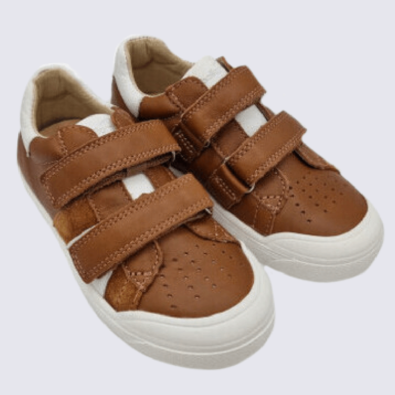 Baskets Bellamy, baskets à velcro bi-texture garçons en cuir brun cognac