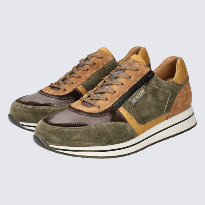 Baskets Mephisto, baskets douillette et moderne homme en cuir kaki
