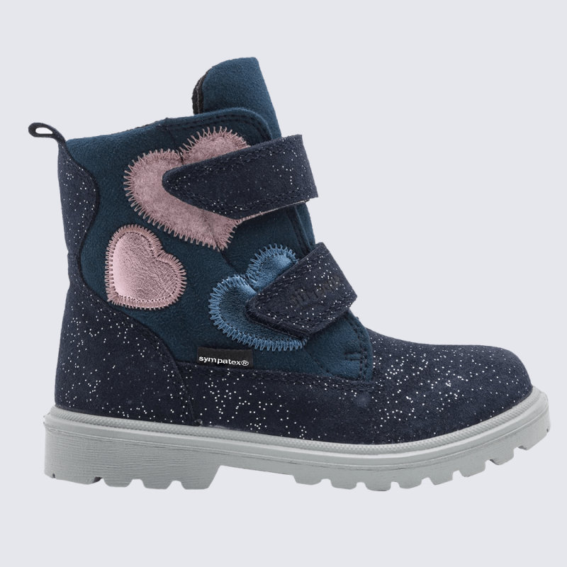 Baskets Superfit, baskets motif cœur à velcro imperméable filles en cuir bleu et rose
